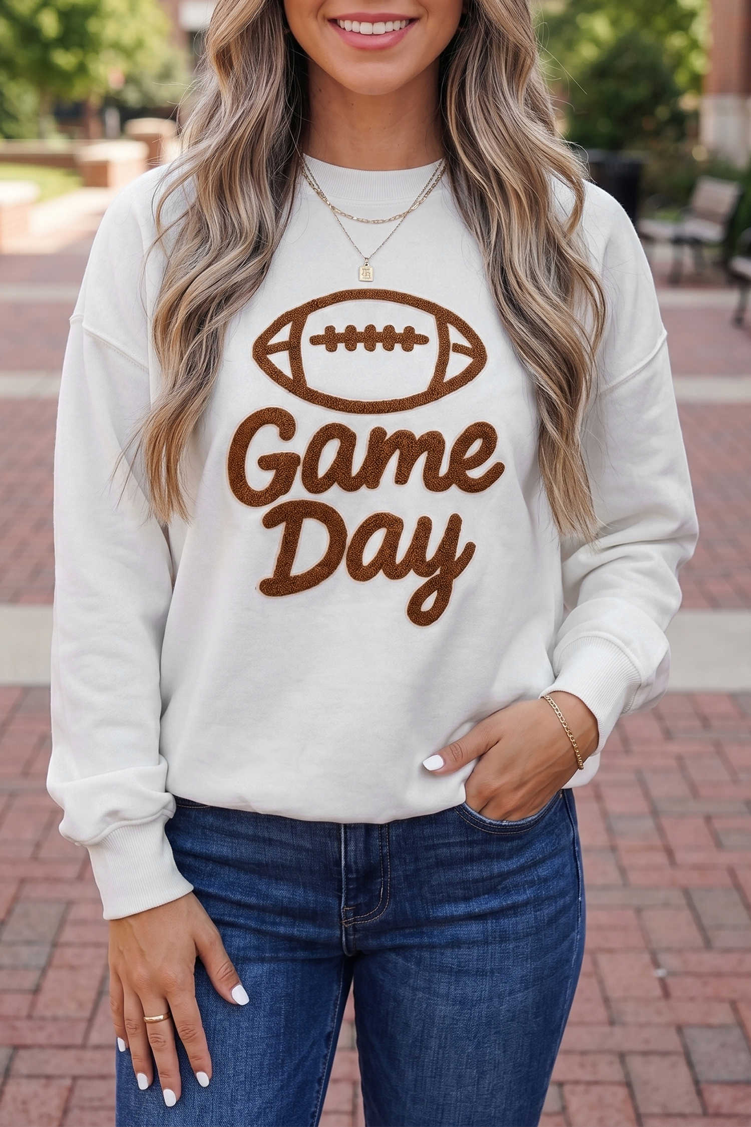 White Game Day Football Sweatshirt Drop Shoulder Towel Embroidery Long Sleeve Pullover