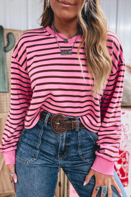 Pink Stripe V Neck Long Sleeve Drop Shoulder Blouse