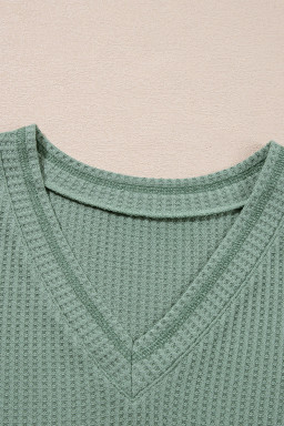 Green Solid Color Waffled V Neck Loose Tee Drawstring Shorts Set