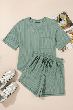 Green Solid Color Waffled V Neck Loose Tee Drawstring Shorts Set