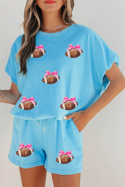Light Blue Sequin Bow Rugby Pattern Short Sleeve Loose Two Piece Set