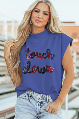 Sky Blue Touch Down Sequin Game Day Graphic High Neck Cap Sleeve Top
