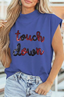 Sky Blue Touch Down Sequin Game Day Graphic High Neck Cap Sleeve Top