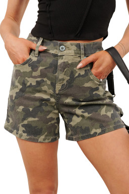 Green Camouflage High Rise Denim Shorts