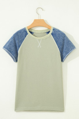 Laurel Green Waffle Knit Seam Detail Color Block Patchwork Short Sleeve Top