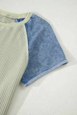 Laurel Green Waffle Knit Seam Detail Color Block Patchwork Short Sleeve Top