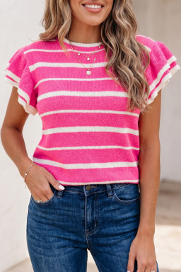 Rose Stripe Double Ruffle Short Sleeve Lightweight Knit Sweater