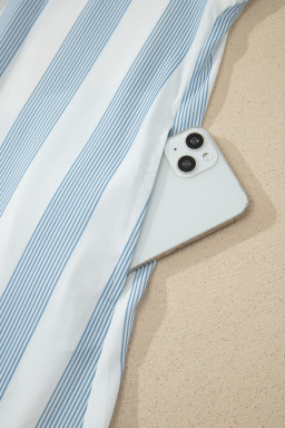 Sky Blue Stripe Subtle Lace Detail V Neck Ruffle Trim Casual Dress