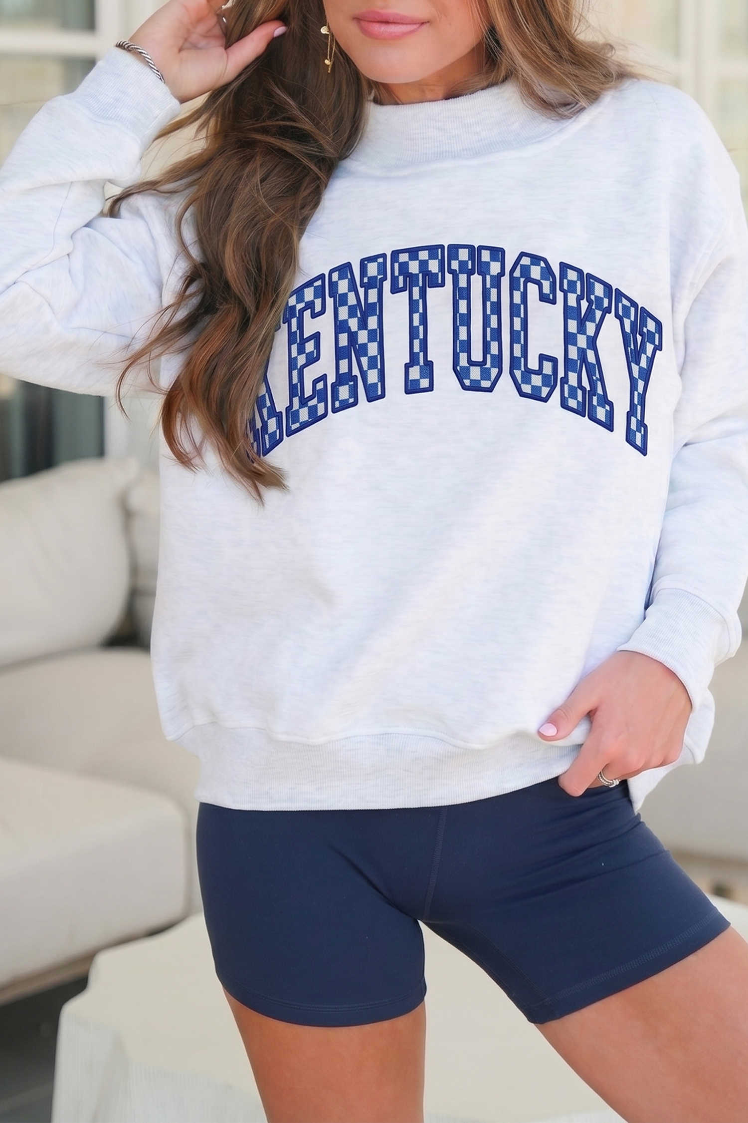 Light Grey Gingham Embroidered Letter Sweatshirt Long Sleeve High Neck Casual Pullover