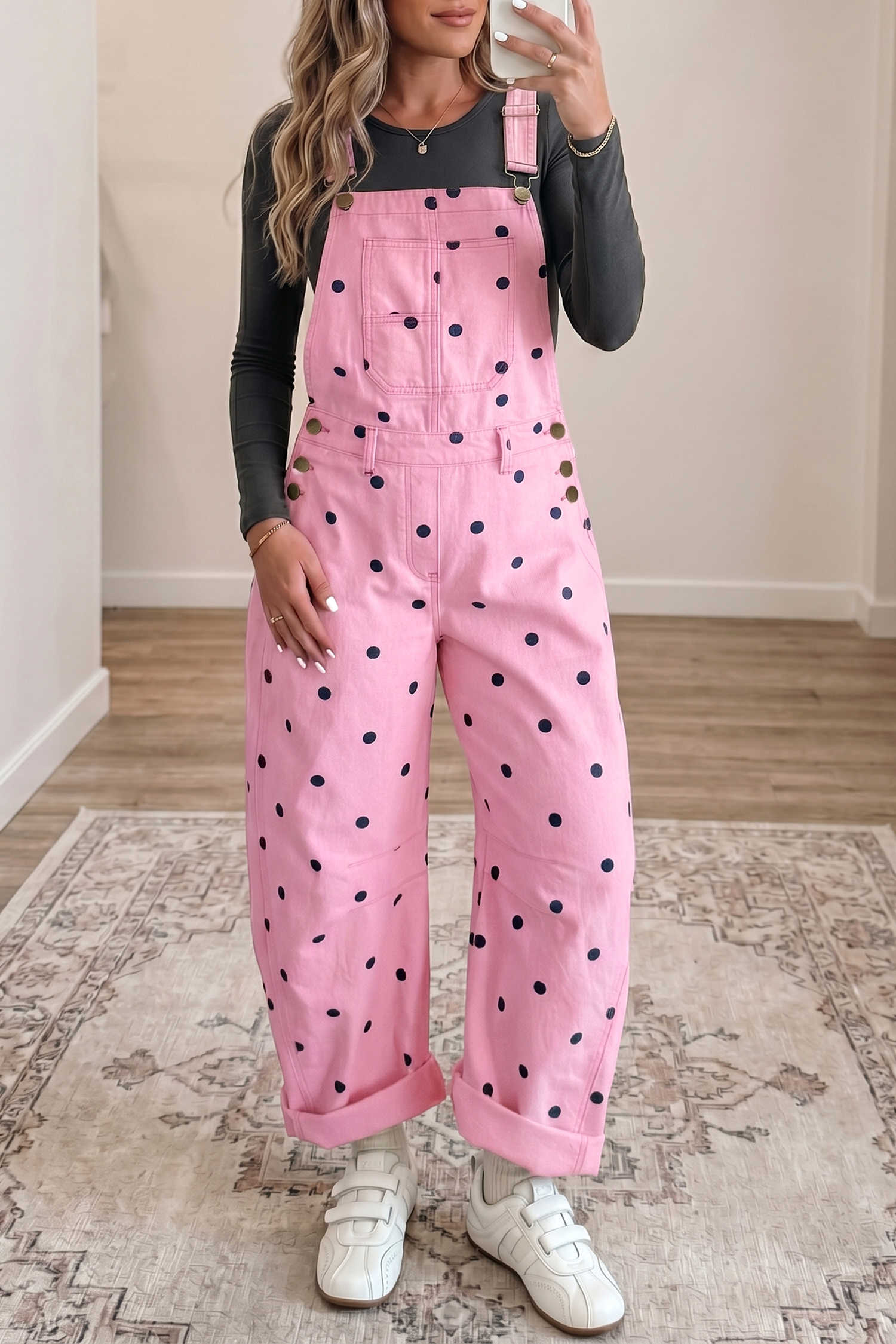 Phalaenopsis Polka Dot Print Bib Pocket Denim Barrel Overalls Jumpsuit