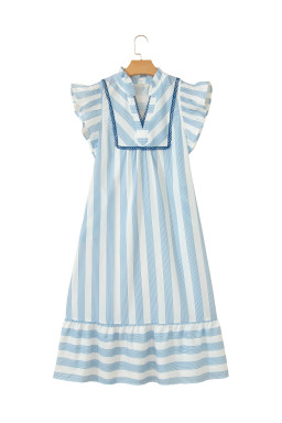 Sky Blue Stripe Subtle Lace Detail V Neck Ruffle Trim Casual Dress