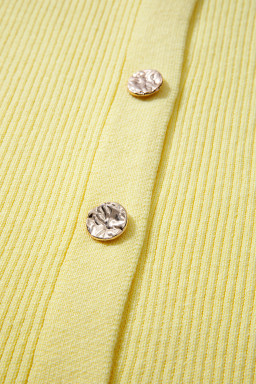 Yellow Cream Ribbed Knit Contrast Frilled Short Sleeve Sweater Cardigan