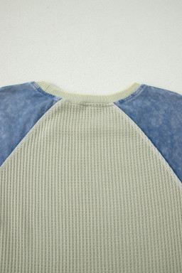 Laurel Green Waffle Knit Seam Detail Color Block Patchwork Short Sleeve Top