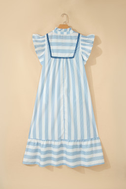 Sky Blue Stripe Subtle Lace Detail V Neck Ruffle Trim Casual Dress