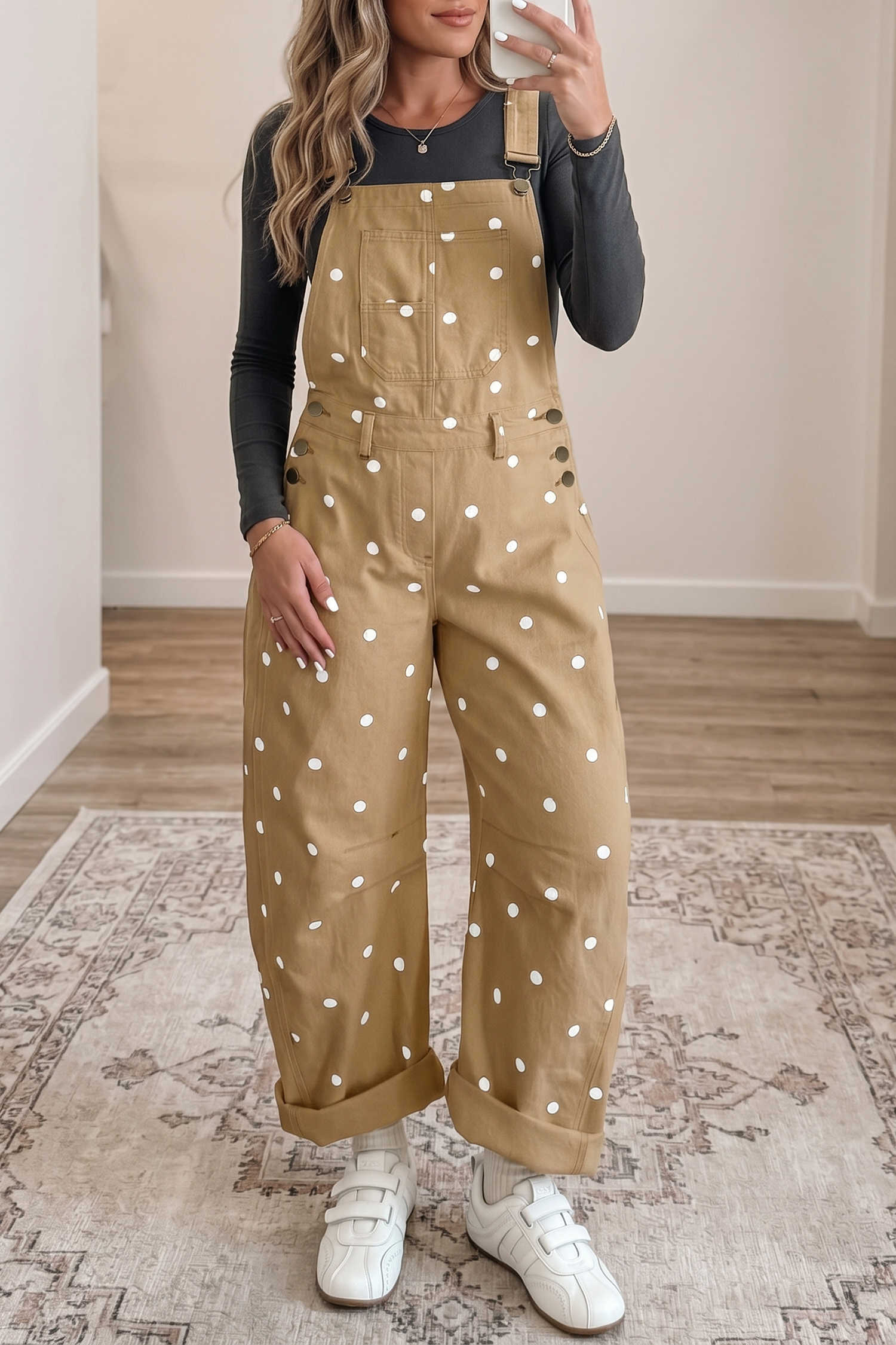 Light French Beige Polka Dot Print Bib Pocket Denim Barrel Overalls Jumpsuit