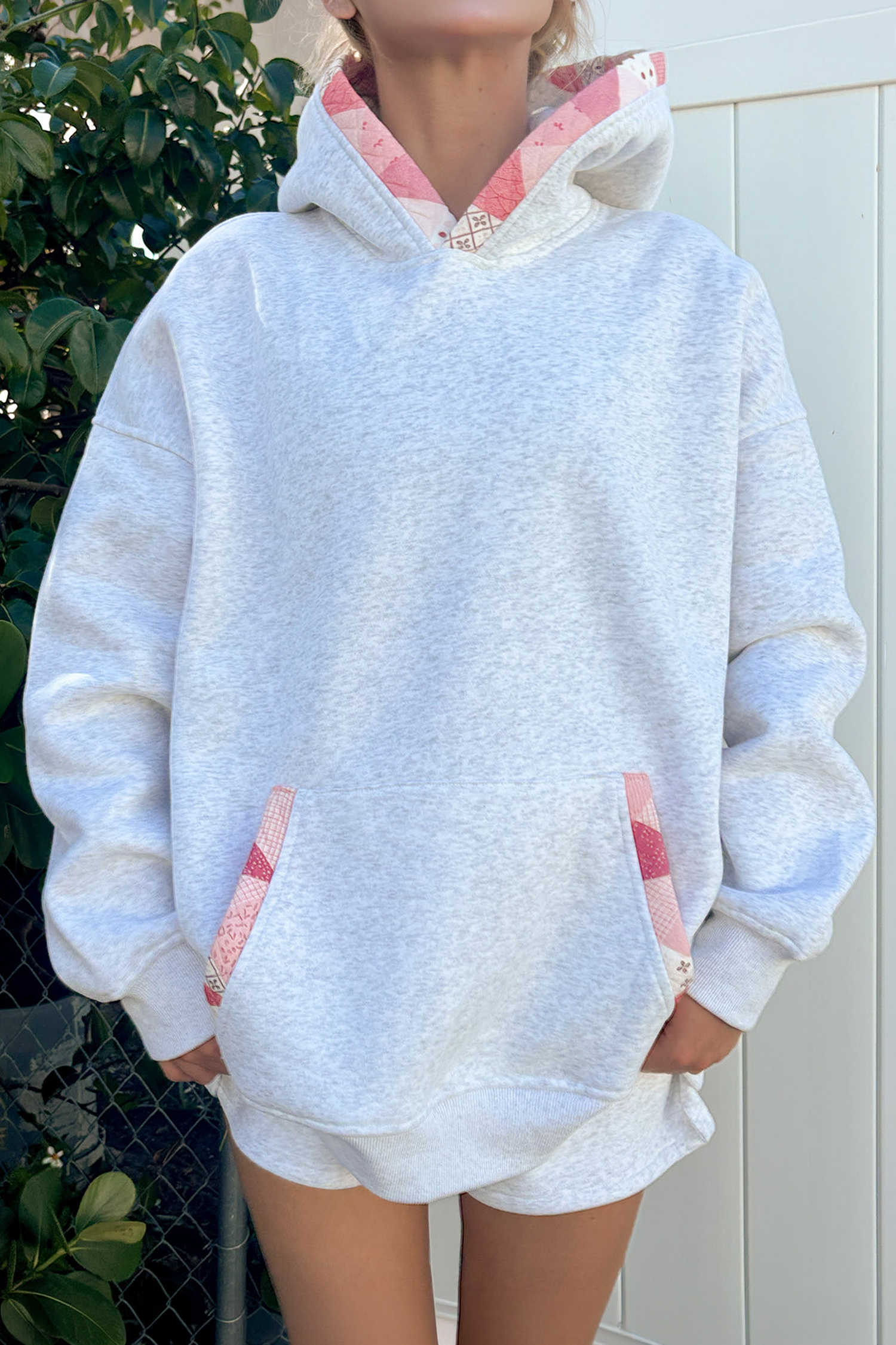 Gray Contrast Printed Trim Pocketed Oversized Hoodie