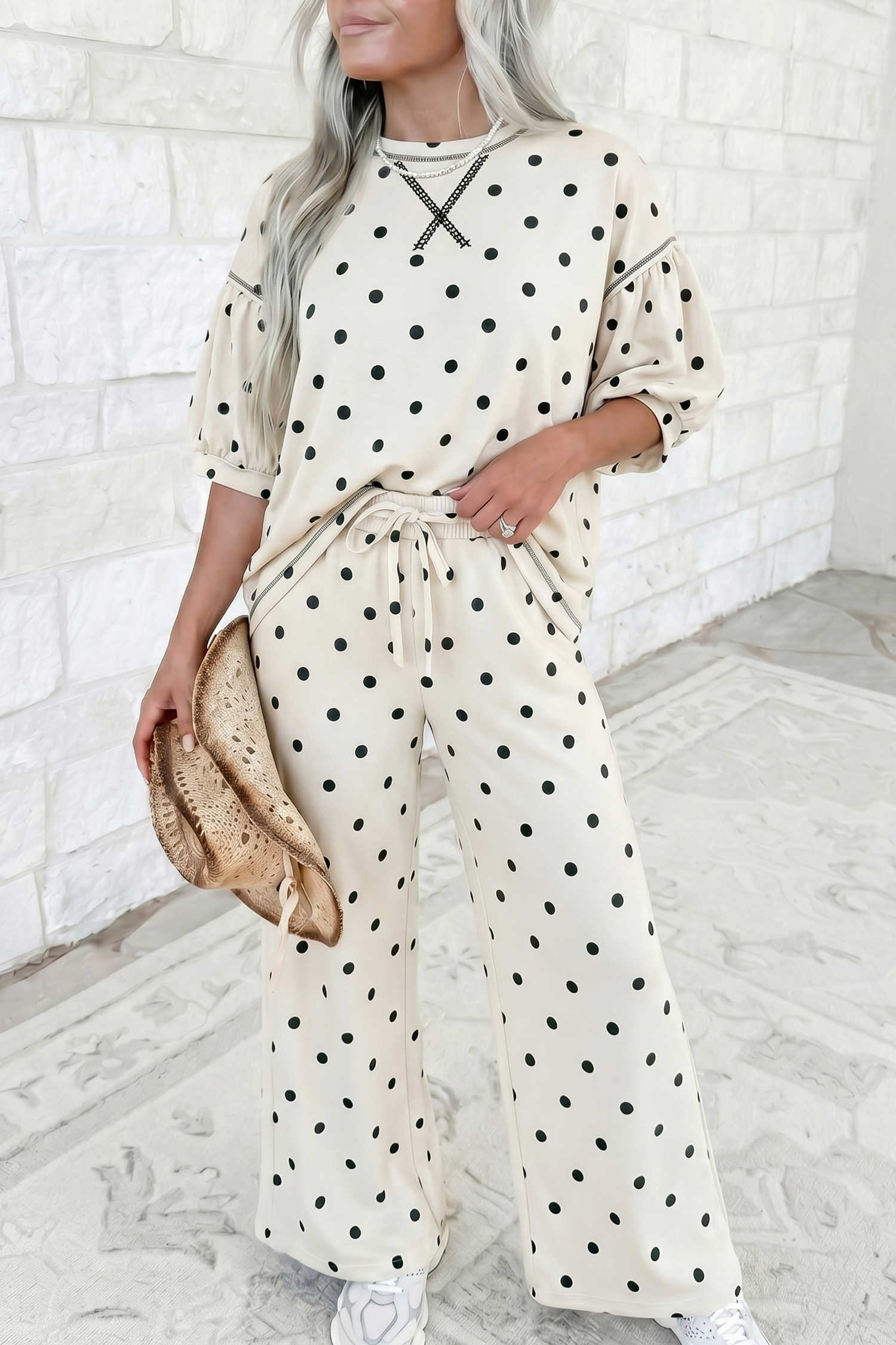 Beige Polka Dot Two Piece Set Casual Half Sleeve Shift Daily Wear Pantsuit