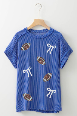 Dark Blue Sequin Bow Rugby Detail Twisted Ribbed Casual Game Day Top