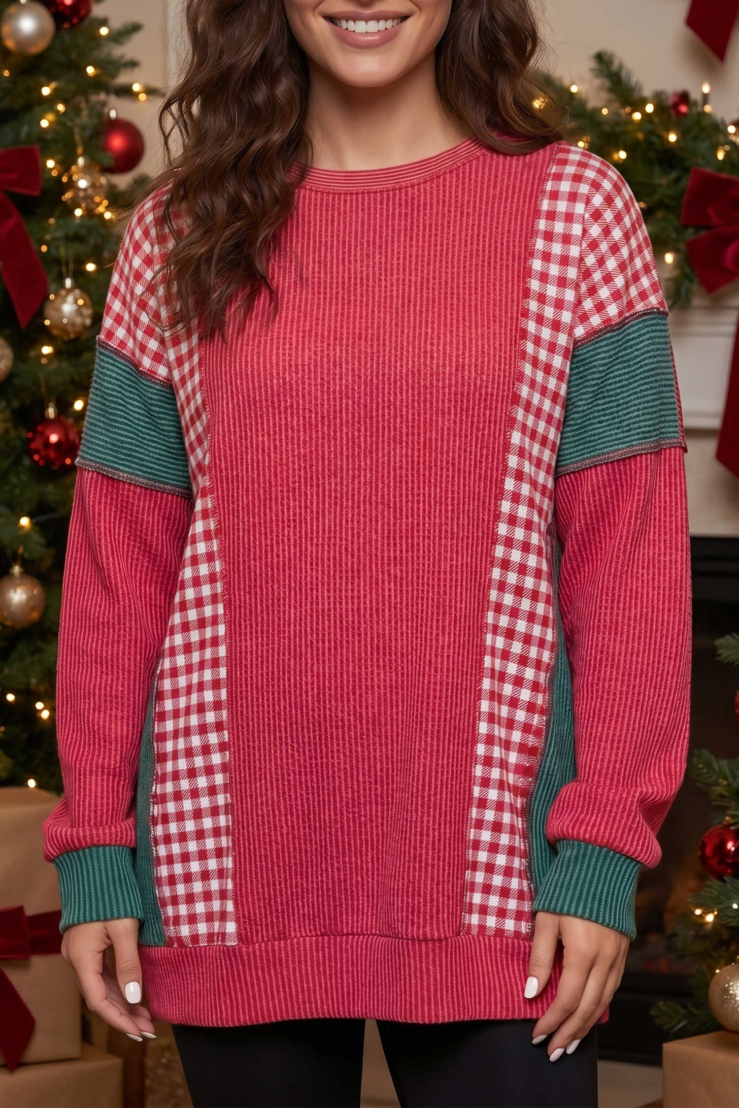 Fiery Red Plaid Twisted Ribbed Colorblock Patchwork Oversized Long Sleeve Top