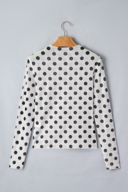 White Polka Dot Sheer Long Sleeve Round Neck Slim Top