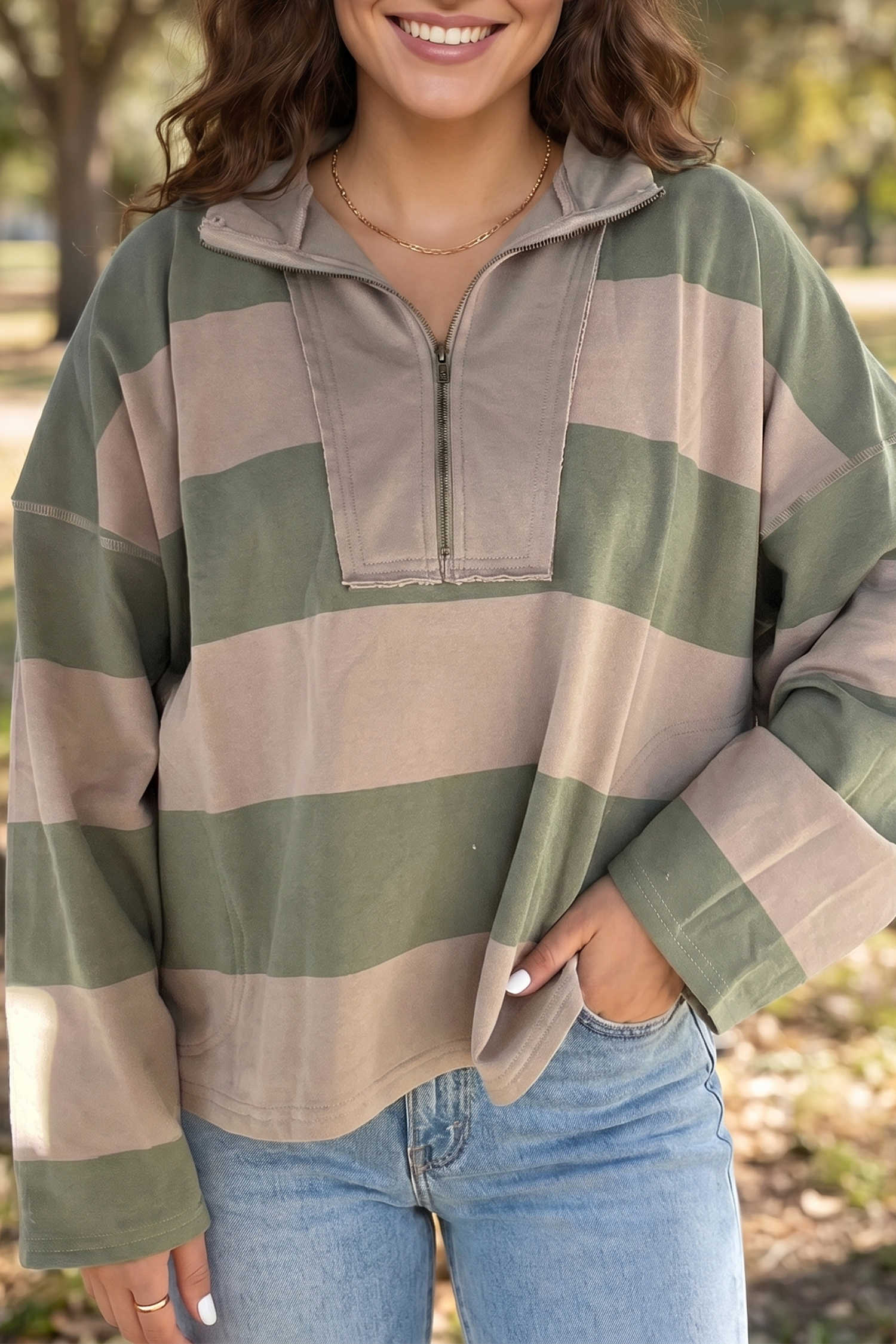 Green Striped Colorblock Half-Zip Long Sleeve Casual Long Sleeve Top