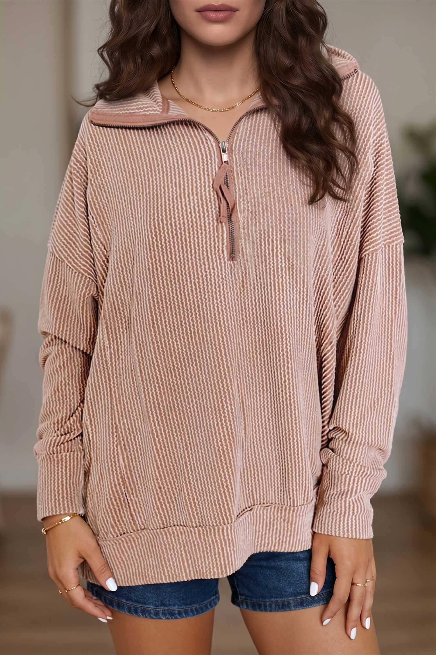 Oatmeal Twisted Ribbed Drop Shoulder Metal Zipper Collar Long Sleeve Top