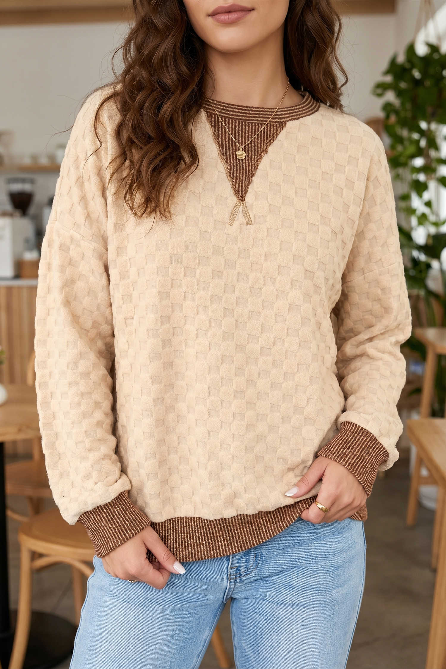 Parchment Plush Checkered Contrast Twisted Rib Patchwork Pullover Sweatshirt