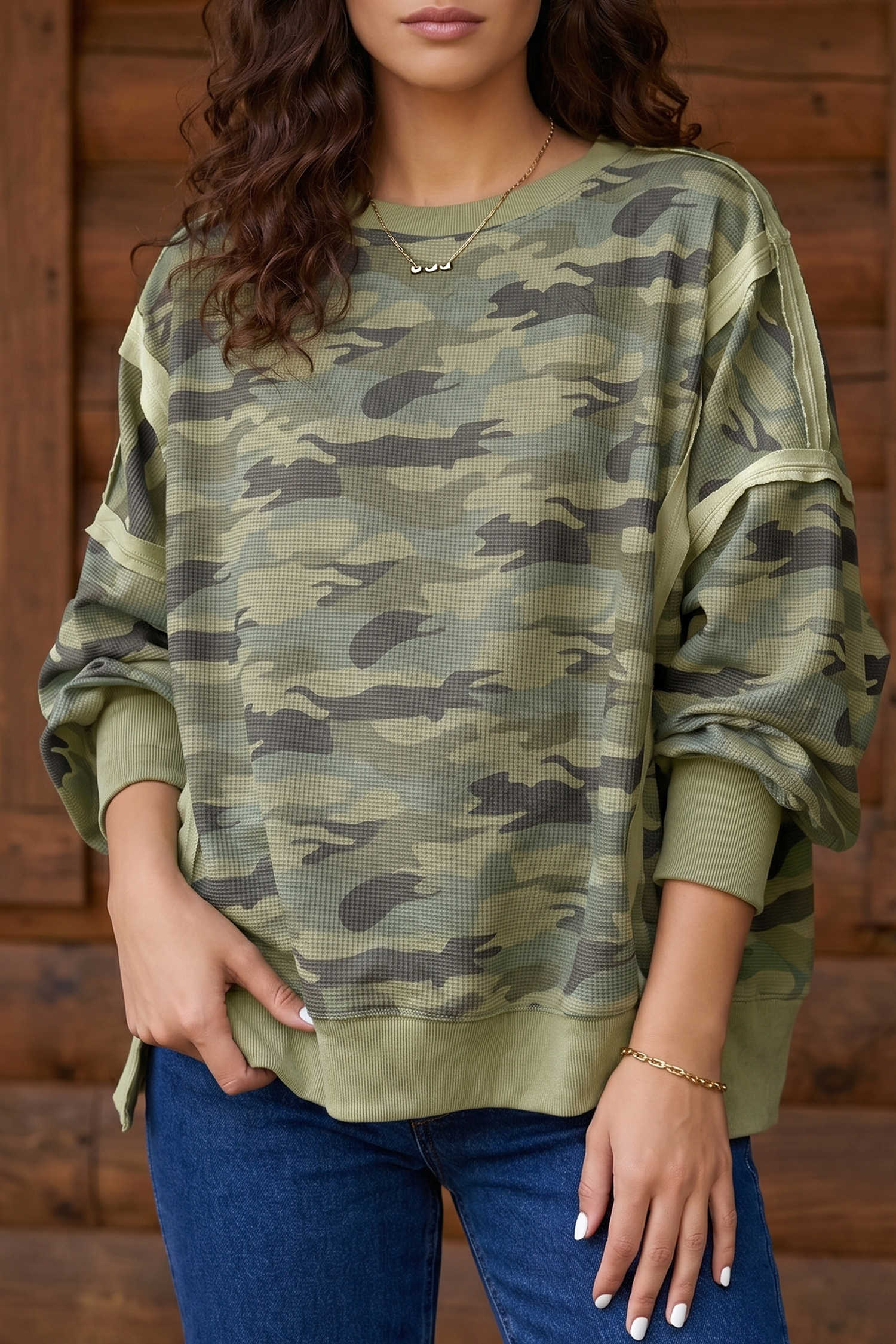 Green Camouflage Waffle Knit Raw Edge Contrast Trim Oversized Long Sleeve Top
