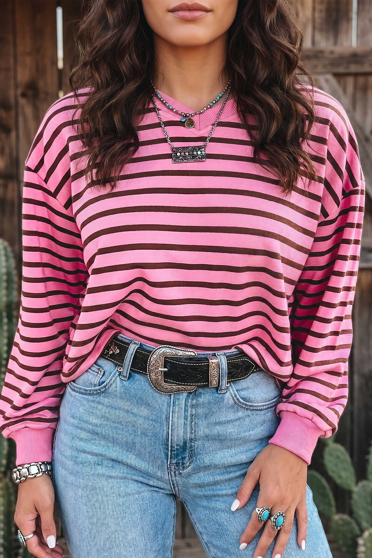 Pink Stripe V Neck Long Sleeve Drop Shoulder Western Pullover Top