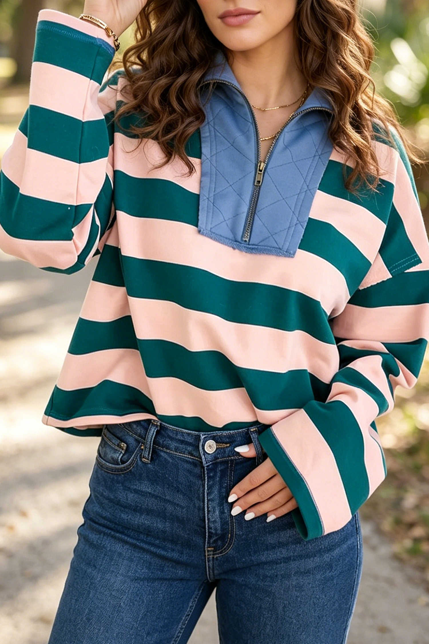 Green Stripe Contrast Stitched Collar Quarter-Zip Long Sleeve Casual Top