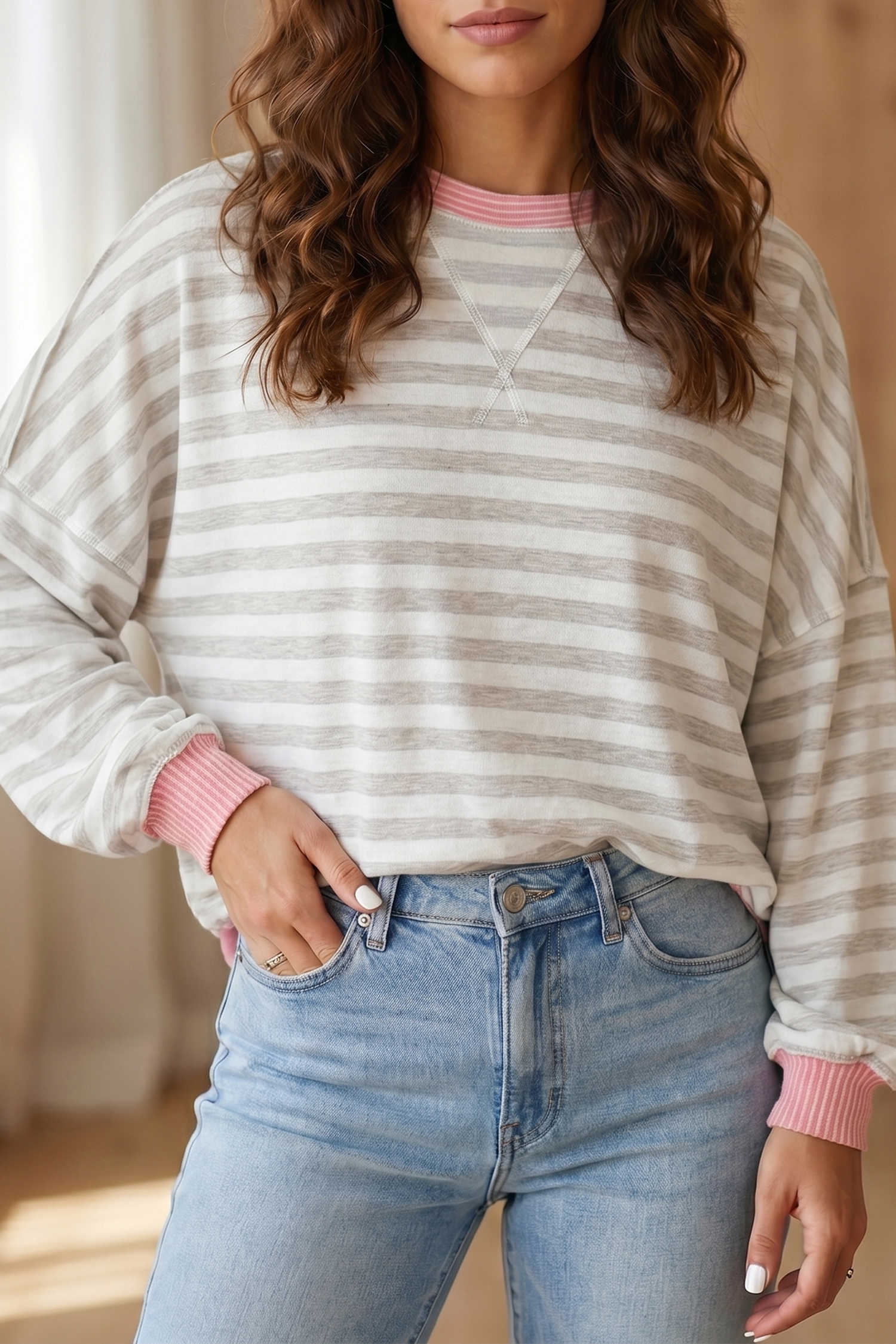 Pink Twisted Rib Contrast Striped Patchwork Casual Long Sleeve Top
