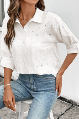 White Solid Eyelet Flower Pattern Button Down Loose Shirt