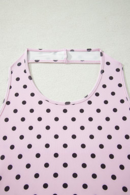 Pink Polka Dot Halter Tank Drawstring Elastic Waist Short Set