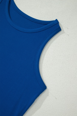 Dark Blue Ribbed Slim Tank Pocketed Wide Leg Shorts Set