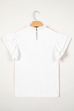 White Solid Color Textured Ruffle Trim Short Sleeve Blouse