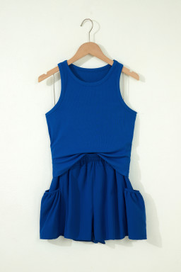Dark Blue Ribbed Slim Tank Pocketed Wide Leg Shorts Set