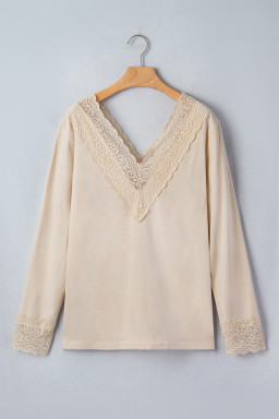 Apricot Lace Splicing V Neck Long Sleeve Top
