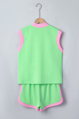 Green Color Block Accent Half Zip Top Athleisure Shorts Set