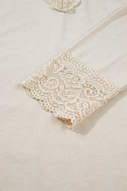 Apricot Lace Splicing V Neck Long Sleeve Top