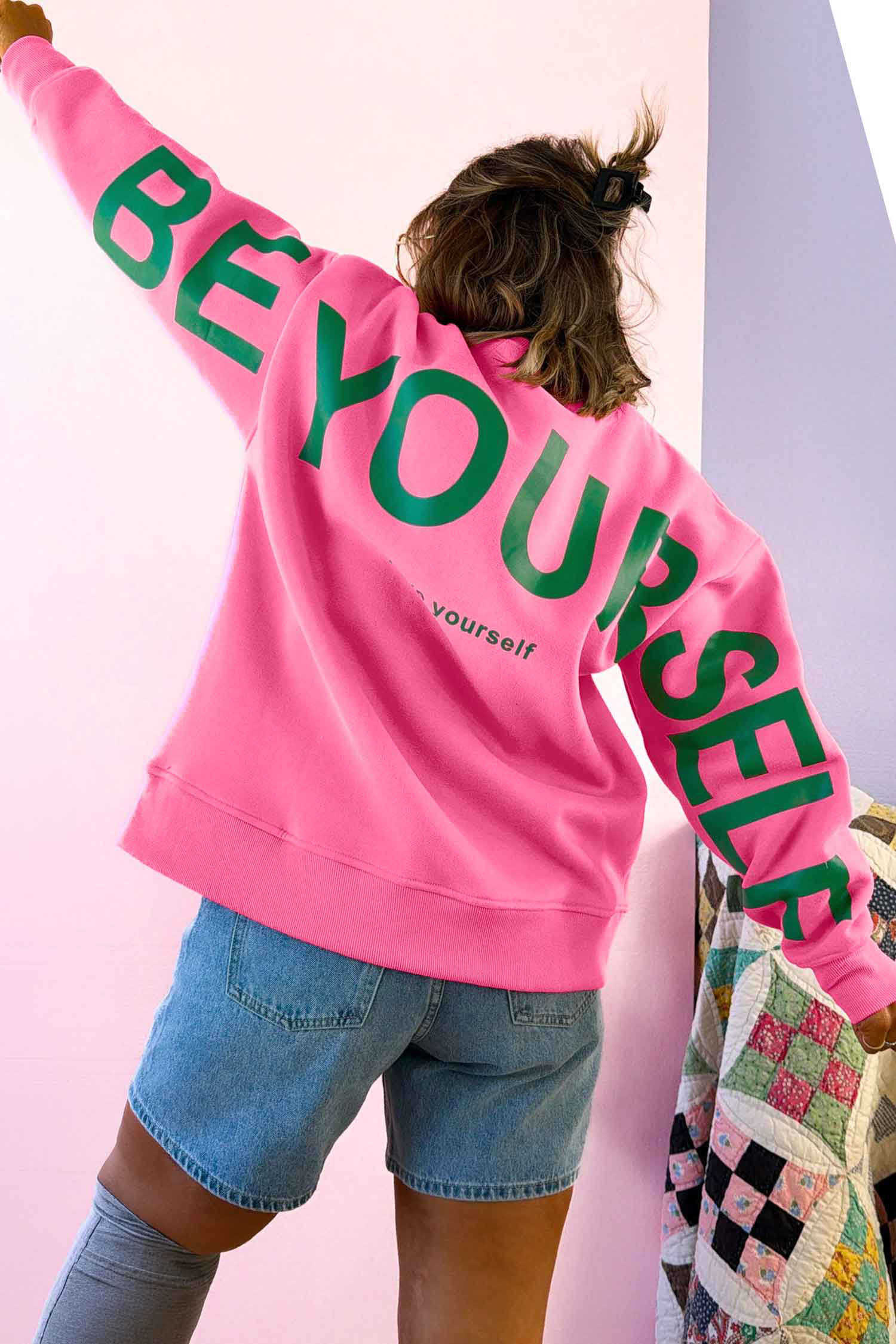 Sachet Pink BE YOURSELF Slogan Print Oversized Pullover Sweatshirt