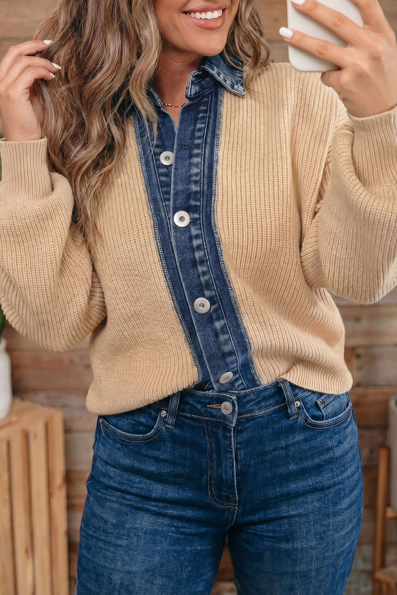 Parchment Drop Shoulder Knit Denim Contrast Collar Button Down Cardigan