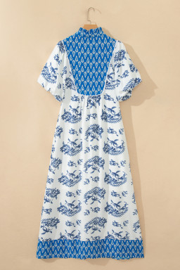 Sky Blue Boho Abstract Print Contrast Trim V Neck Tassel Tie Dress