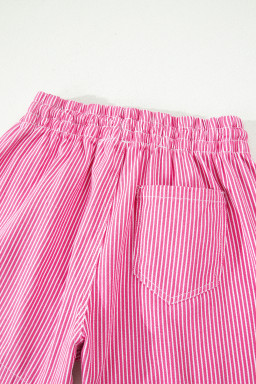 Pink Stripe Drawstring Elastic Waist Casual Denim Shorts