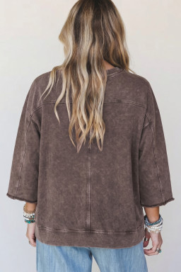 Dark Brown 3/4 Sleeve Mineral Wash Loose Cotton Top