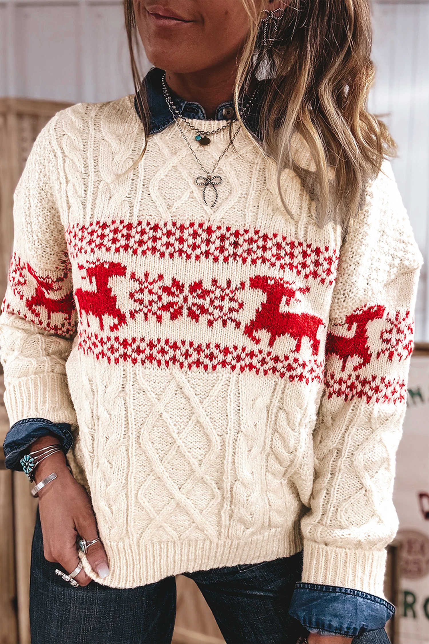 White Cable Knit Christmas Reindeer Pattern Western Style Sweater