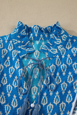 Sky Blue Boho Abstract Print Contrast Trim V Neck Tassel Tie Dress