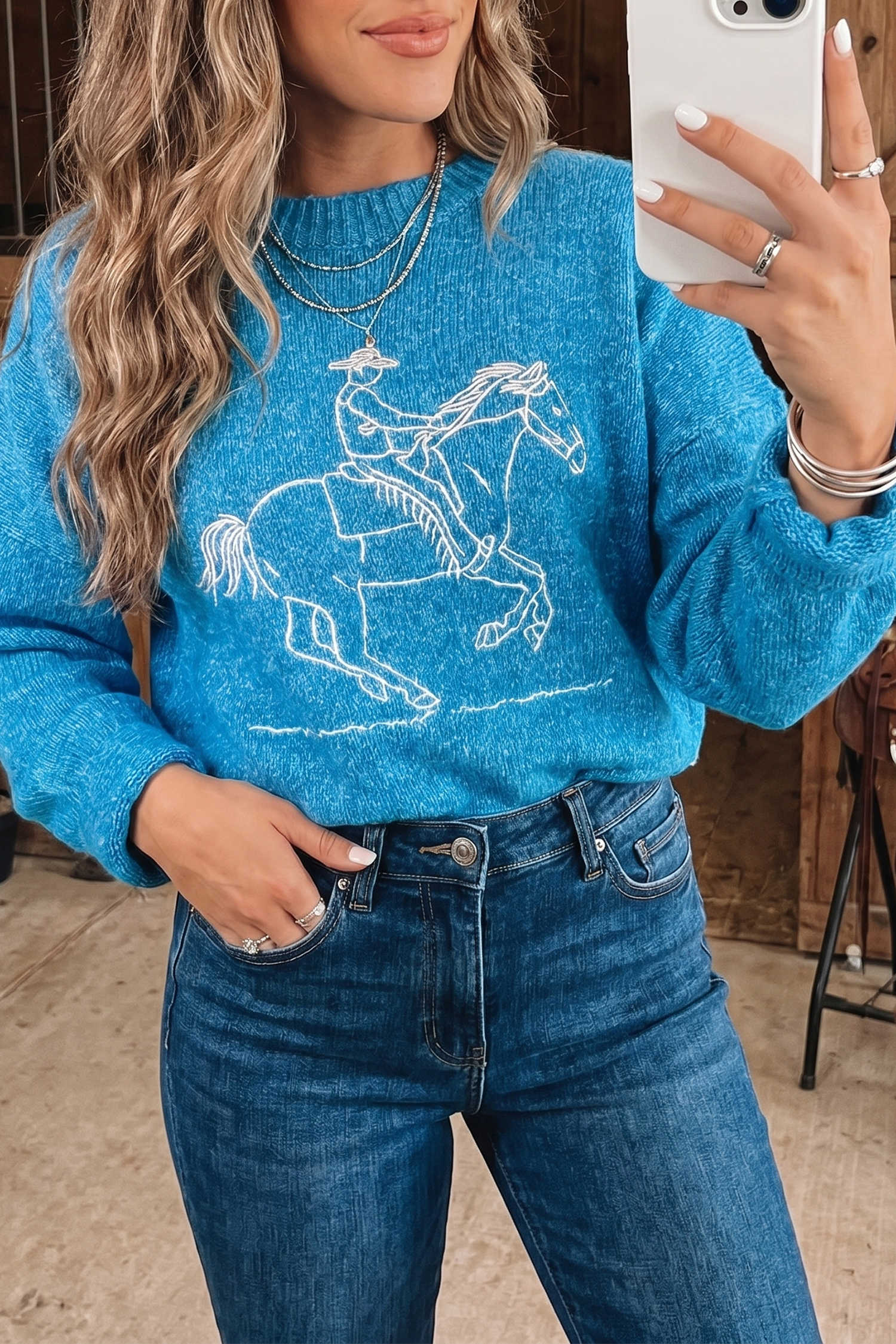 Sky Blue Western Embroidered Pattern Drop Shoulder Casual Shift Sweater