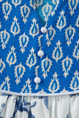 Sky Blue Boho Abstract Print Contrast Trim V Neck Tassel Tie Dress