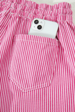 Pink Stripe Drawstring Elastic Waist Casual Denim Shorts