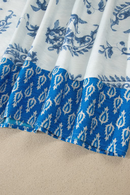 Sky Blue Boho Abstract Print Contrast Trim V Neck Tassel Tie Dress